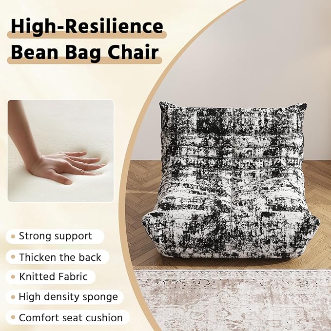 Bean Bag Chair, Fireside Chair, Large Bean Bag Chair for Adults, Bean Bag Chairs for Teens with High-Resilience Foam, Non-Slip Base Floor Lounge Sofa,Living Room (Cross White-Black, Single)