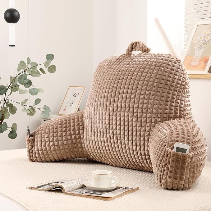 PAJEO Reading Pillow for Sitting in Bed, Large Backrest Reading Pillow with Arm Rest,Back-Rest Support Cushion for Sit Up on Couch, Sofa, and Floor, Dorm Essentials (Khaki Flannel, Standard(17inch))