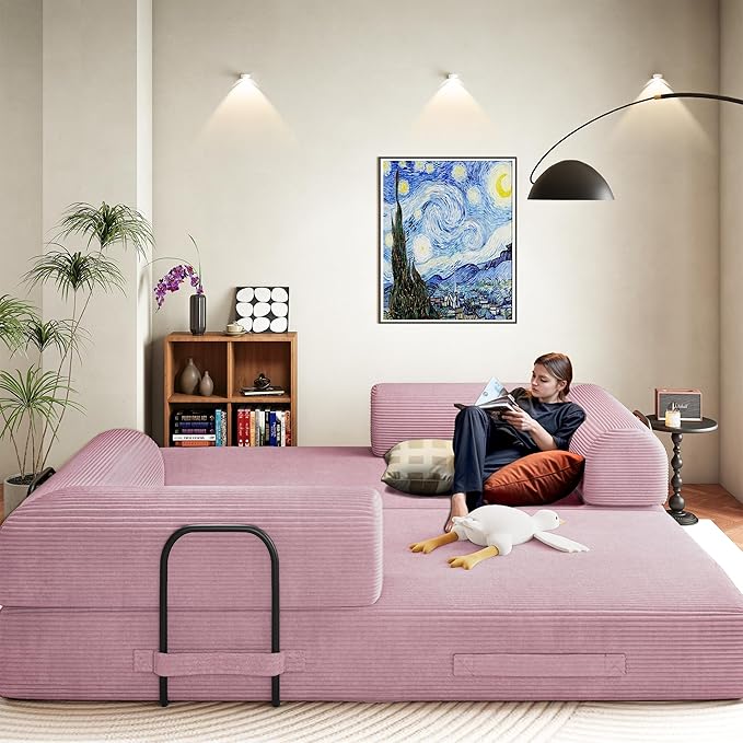 Convertible Sleeper Sofa Bed, 78" Corduroy Foldable Boneless Modular Couch, Memory Foam Compressed Sofa in A Box W/Plush Fabric Comfy Floor Lounge Couch for Living Room Apartment Bedroom, Pink