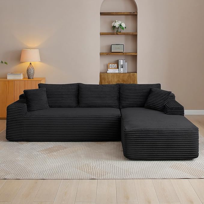 95" Boneless Cloud Sectional Couches for Living Room, Comfy Fluffy L Shaped Memory Foam Deep Seat Boneless Couch, Modular Sectional Sofa with Right Facing Chaise, Black