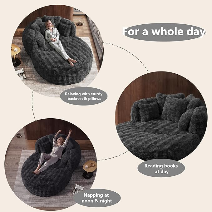 Oversized Chaise Lounge Chair Indoor with Ottoman 55" W x 75" L Round Reading Chair Plush Faux Fur Corduroy Cloud Circle Boneless Chair with 5 Pillows for Living Room - Grey