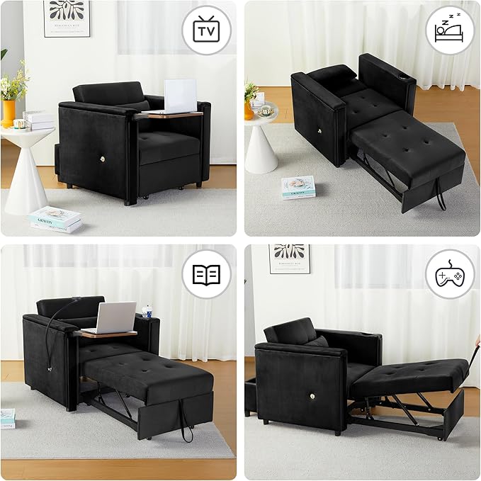 Velvet Convertible Chair Bed, 3 in 1 Multi-Functional Lounge Chair Sleeper, Pull Out Couch Guest Bed with Hidden Table and Adjustable Backrest for Living Room Small Space Apartment (Black)