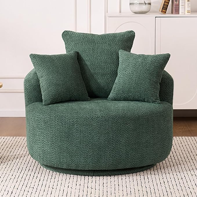 Yoglad 38.58'' Swivel Round Chair, Comfy Boucle 360° Accent Chair with Thick Cushion, Oversized Modern Single Sofa with 3 Pillows, Soft Armchair for Nursery, Living Room, Bedroom, Office (Green)