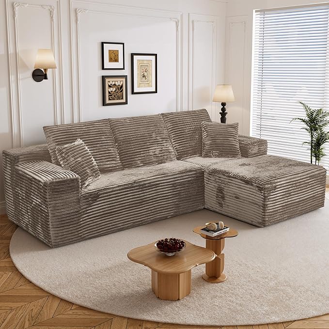 108" Boneless Cloud Sectional Couches for Living Room, Comfy Fluffy L Shaped Memory Foam Deep Seat Boneless Couch, Modular Sectional Sofa with Right Facing Chaise, Brown