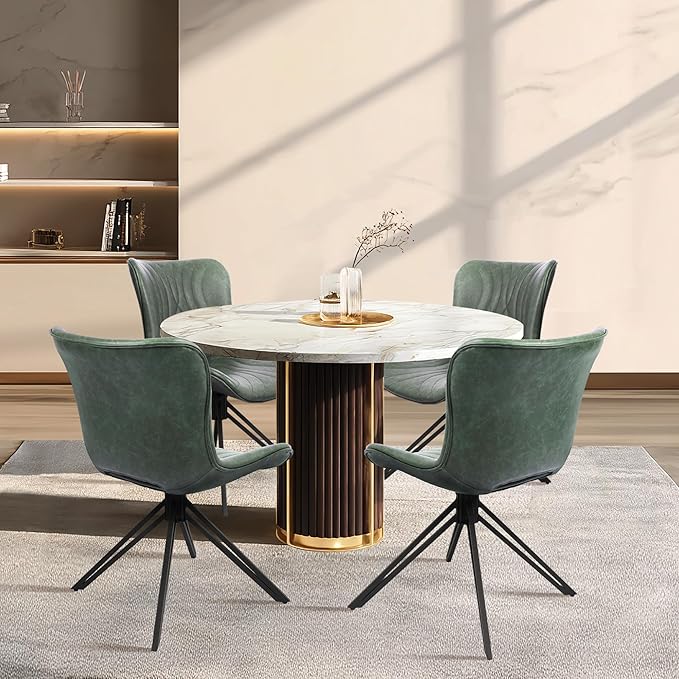 VATROS Dining Chairs Set of 6, 360° Swivel Upholstered Mid-Century Modern Kitchen Dining Room Chairs, Armless Faux Leather Accent Side Chair with Padded Back, Metal Legs for Living Room,Green