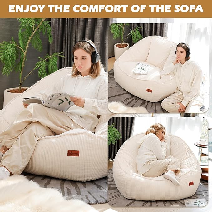 Giant Bean Bag Chair for Adults, Teens and Kids, Cozy Fluffy Corduroy Beanbag Chair with Filler, Large Floor Lounge Sofa for Living Room, Bedroom, Dorm, Gaming and Reading（L-White）