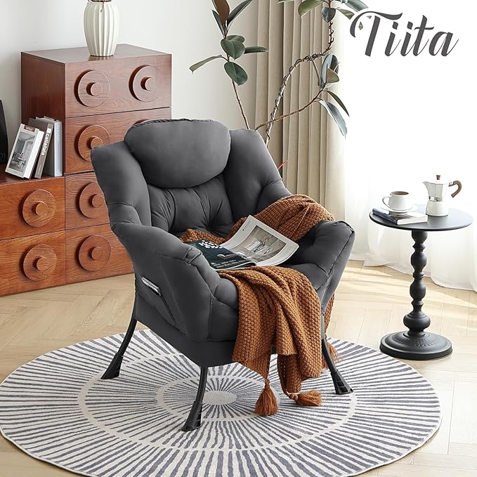 Tiita Lazy Chair, Modern Large Accent Lounge Armchair, Comfy Leisure Sofa Reading Chair for Bedroom, Living Room, Dorm Rooms, Garden and Courtyard, Dark Grey