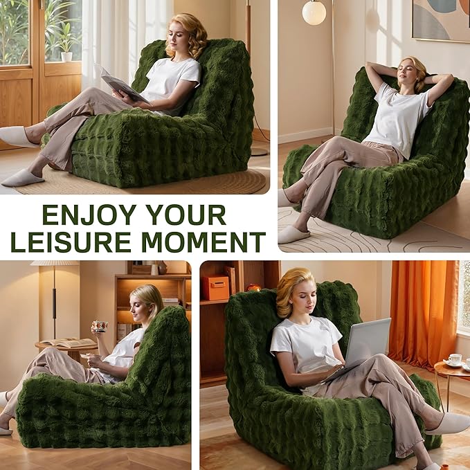 Bean Bag Chair for Adults, Giant Beanbag Lounger with Plush Faux Fur, Comfy Memory Foam Chair Floor Lazy Chair for Living Room Bedroom Dorm Apartment Reading Nook，Green