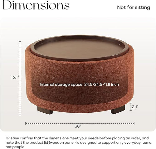 30 Inch Round Storage Ottoman Coffee Table, Modern Boucle Ottoman with Lift-Off Lid and Solid Wood Legs for Living Room, Bedroom, Corners, Apartments (Orange)