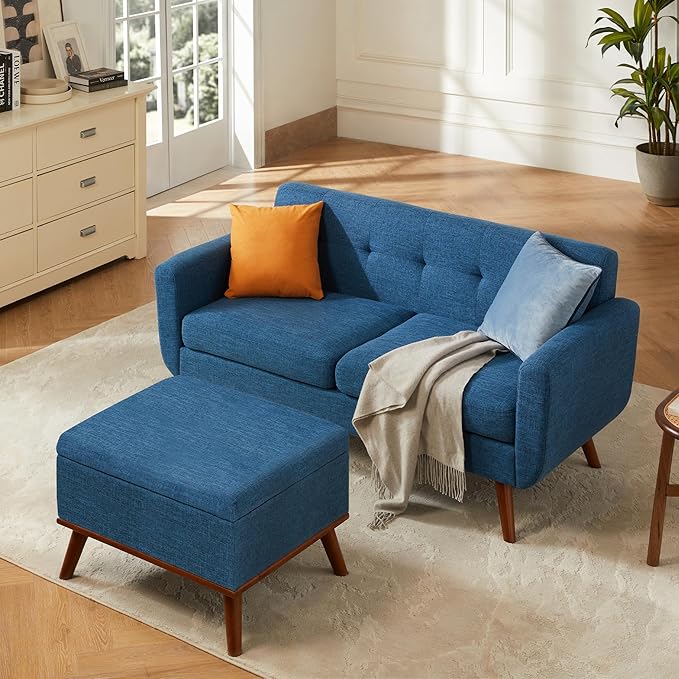 Tbfit 65" W Loveseat Sofa with Ottoman Coffee Table, Mid Century Modern Love Seat Couches for Living Room, Button Tufted Upholstered Small Couch for Bedroom,Easy to Install Love Seats Furniture, Blue | linen fabric, button tufted, solid wood foot, pock...