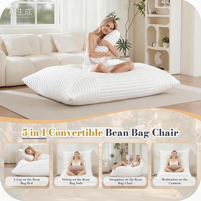 5 in 1 Bean Bag Chair with A Roll Pillow,Giant Bean Bag Chairs for Adults,Ultra Soft & Machine Washable Cover,Convertible Sofa Bed Floor Couch Lounger for Living Room,Bedroom