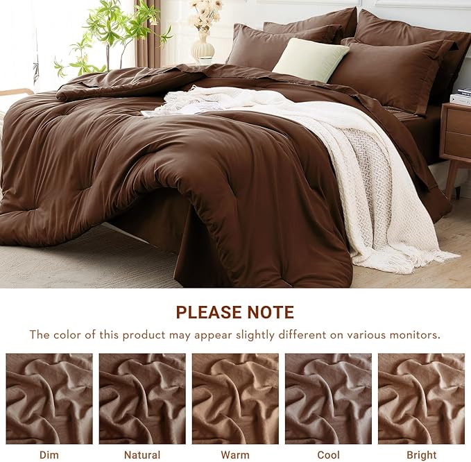 MUXHOMO 7 Pieces California King Comforter Set, Soft Bed in a Bag Cal King Size, All Season Bedding Set with Comforter, Flat Sheet, Fitted Sheet, Pillowcases & Shams, Brown