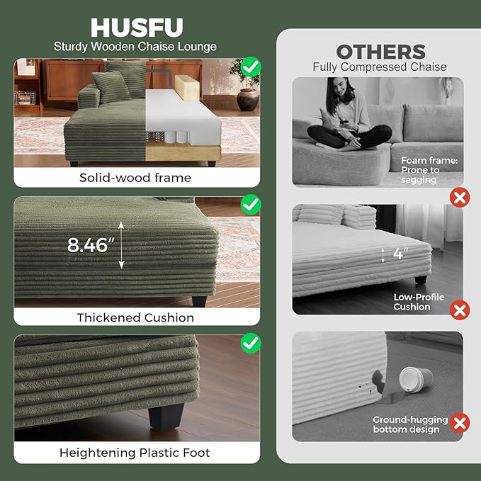 HUSFU Chaise Lounge Chair Indoor, 60'' Oversized Sleeper Sofa, Chaise Lounge Reading Chairs for w/Cup Holder and USB&Type C Port, Fluffy Plush Faux Fur Cloud Sofas Couches for Living Room, Green