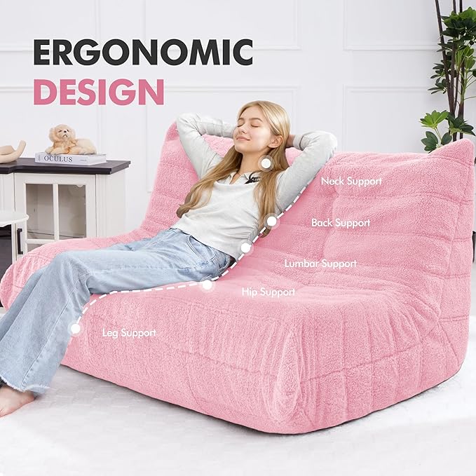 Bean Bag Loveseat Chair Big Sofa Beanbag Chair for Adults Fireside Chair Bean Bag Lounger with Memory Foam Filled for Home,Apartment or Gaming Venue（Pink Teddy）