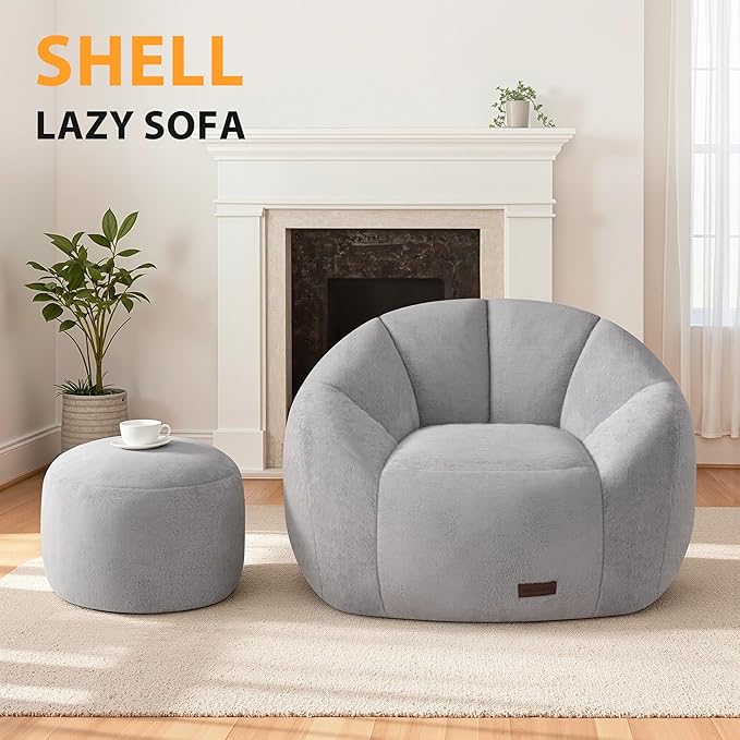 HABUTWAY Bean Bag Chair, Oversized Shell-Shaped Bean Bag Couch with Ottoman, Giant Beanbag Chair for Adults and Kids, Comfy Bean Bag Sofa & Footstool, Large Floor Sofa for Living Room Bedroom, Grey