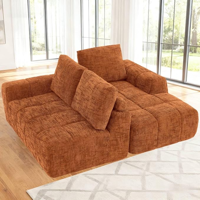 KEIKI Sectional Chenille Floor Sofa, Convertible L-Shaped Boneless Cloud Sleeper Couch with Chaise Lounge, Space Saving Modular Futon Couches Bed for Living Room Bedroom, No Assembly Required, Orange