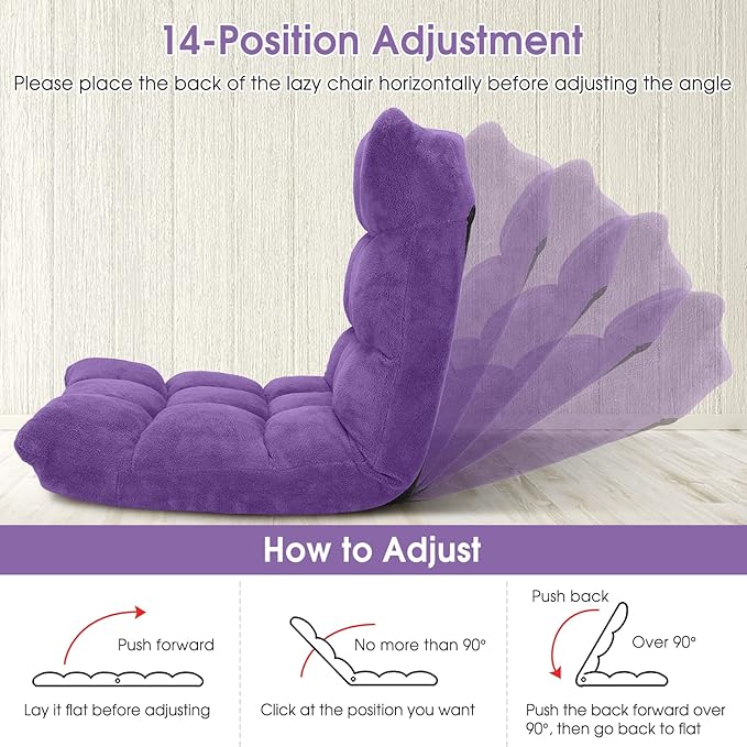 KOMFOTT 14-Position Adjustable Padded Gaming Sofa Chair with Back Support - Folding Lazy Lounge Meditation, Reading, Living Room and Video Gaming Chair in Purple