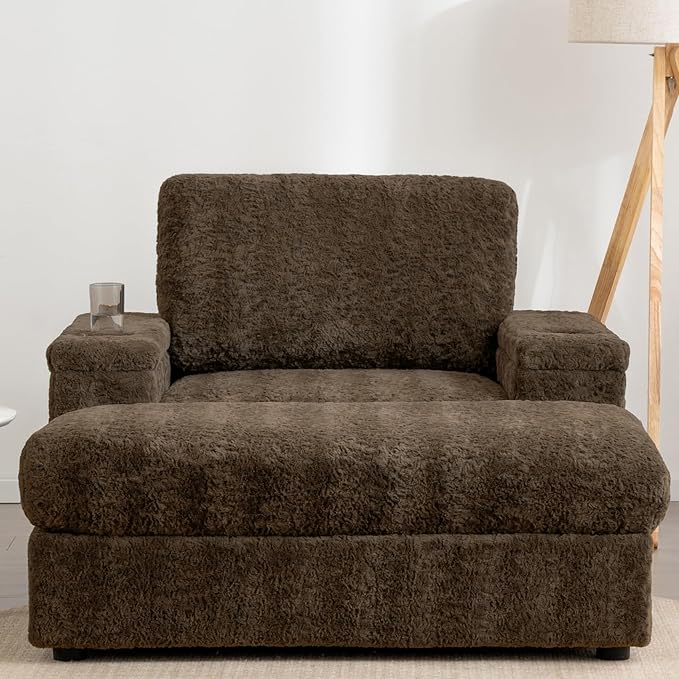 Merax Oversized Sleeper Chair with Storage Armrest & Ottoman, Cup Holders, Cloud Upholstered Chaise Lounge Recliner, Deep Seat Reading Couch Sofa Bed for Living Room Bedroom, Antique Brown