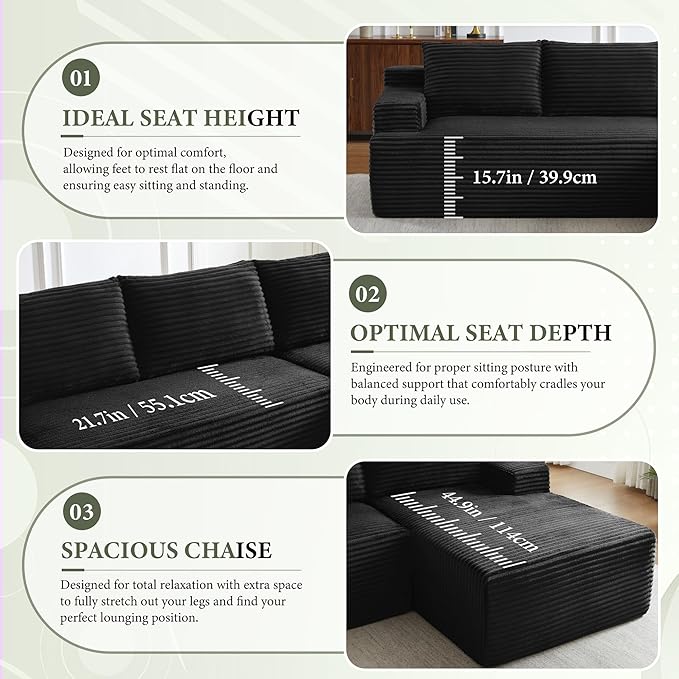 96" Sectional Couches for Living Room Cloud Couch Sofa with L-Shape Upholstered Boneless Couchs Modern Modular Sectional Couch with Chaise (Black, 96" W+Right Facing Chaise+2Seaters)