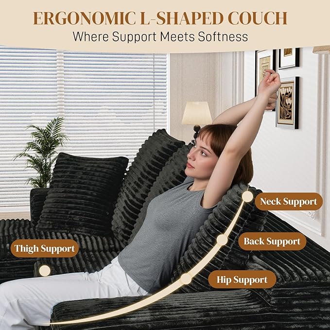 108" Boneless Cloud Sectional Couches for Living Room, Comfy Fluffy L Shaped Memory Foam Deep Seat Boneless Couch, Modular Sectional Sofa with Left Facing Chaise, Black