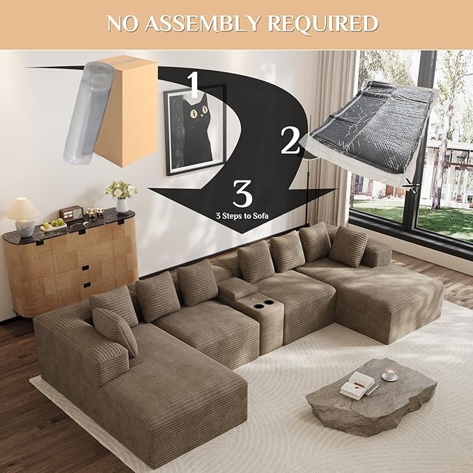 Modular Sectional Sofa with USB Cup Holders Storage, 143" U Shaped Cloud Couch Plush Corduroy Deep Seat Boneless Sofas with Double Chaise Lounge Sectional Couches Memory Foam for Living Room - Camel