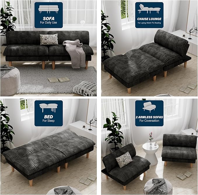 3 Sets 69" Futon Sofa Bed, 4 in 1 Multi-Function Couch Sleeper with Adjustable Backrest, Modern Convertible Futon, Recliner Small Loveseat for Living Room, Plush Dark Grey