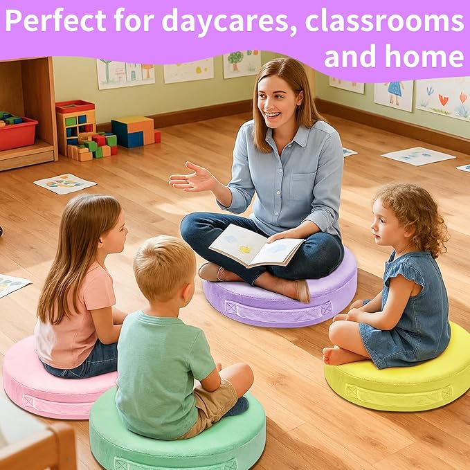 24 Pcs Round Floor Cushions for Kids, 15'' Plush Flexible Seating Pillows with Handles, Soft Chair Seats for Classroom Elementary Daycare Preschool Playroom Reading Corner Yellow