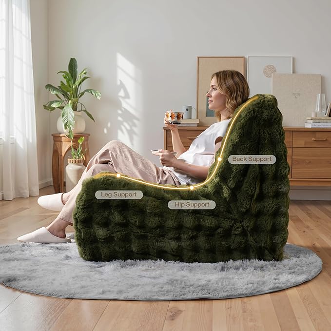 Green Bean Bag Chairs for Adults,Comfy Small Bean Bag Sofa with Back Support,Memory Foam Bean Bag Chair for Kids,Faux Fur Fireside Beanbags Lazy Sofa for Bedroom,Dorm,Apartment,Living Room