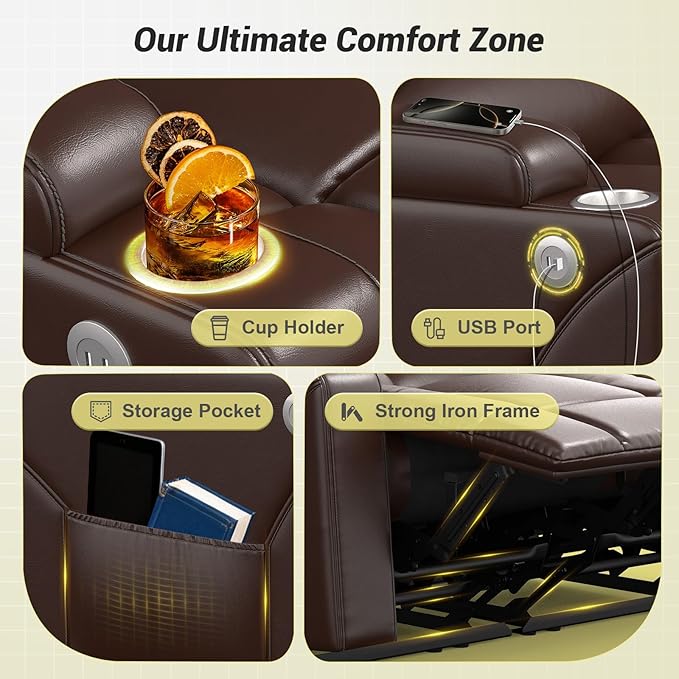 FURNIMAT RV Loveseat Recliner Sofa, 2 Seater Reclining Loveseat Sofa, PU Leather Dual Recliner Couch, Modern Loveseat Couch for Living Room, with Cup Holder and USB Ports, Brown