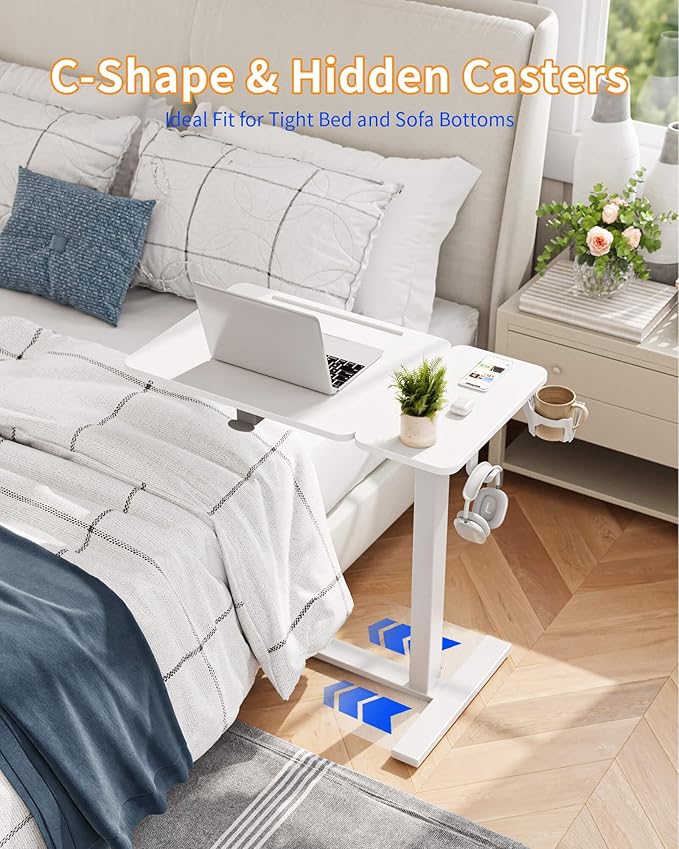 YIHAYO Adjustable Overbed Bedside Table with Wheels, 28 x 16 Inches Electric Mobile Standing Desk, Laptop Desk, Movable Overbed Tables Hospital Home Use, White