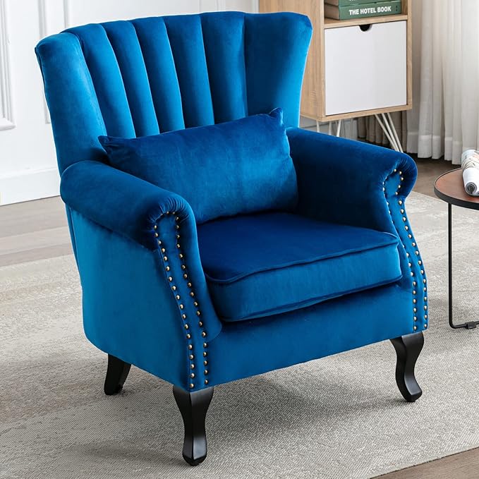 LZAREAL Accent Reading Arm Chairs Midcentury Modern Comfy Corner Sofa Chair, Wingback Waiting Room Club Chair with Tufted Back for Living Room/Bedroom/Reception Room, Velvet Blue