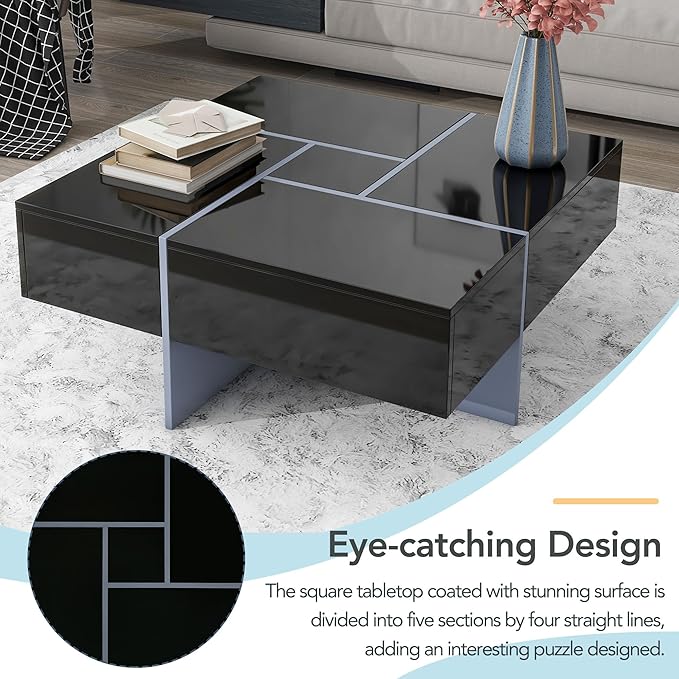 HanStrong 31.5" Square Coffee Table with 4 Hidden Storage Compartments,Cocktail Table with Extendable Sliding Tabletop,UV High-Gloss Design Center Table for Living Room,Black
