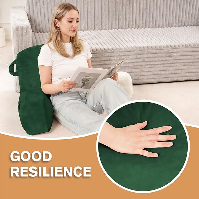 Unisakey Portable Comfy Reading Pillows for Bed Sitting Up(Green Oeko-Tex), Velvet Back Pillow with Arms & Pockets for Adults, Support Memory Foam Bed Pillow for Dorm/Reading/Watching/Gaming