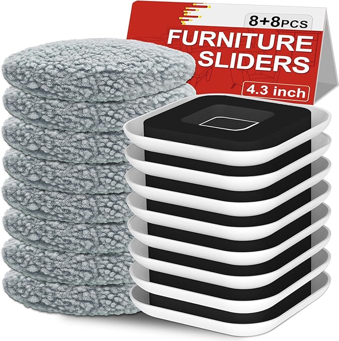 Kiss Core New Upgrade Furniture Movers Sliders, 8+8 Pack 4.3" Multi-Surface Furniture Sliders with Groove Design, 8PCS Moving Pads and 8 Hardwood Socks, Protect Floor and Easily Move Furniture