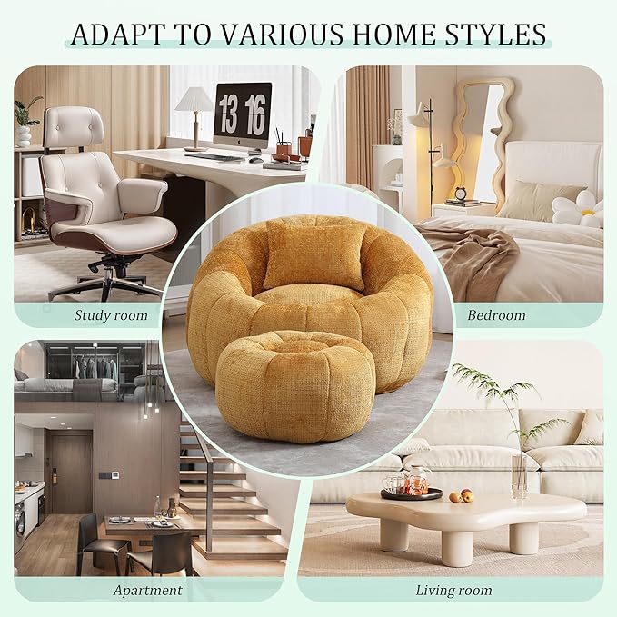 HOMEFLEX Modern Bean Bag Chair for Adults, Comfy Reading Nook Seating with Pillow, Round Chairs with Ottoman, Leisure Single Sofa, Ideal for Living Room, Bedroom, Apartment (Yellow)