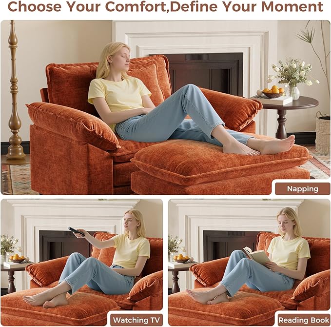 HUSFU Oversized Accent Chair with Ottoman, Chenille Cloud Couch Chair with Deep Seat and Extra Wide Armrests, Comfy Reading Armchair for Bedroom, Living Room, Terracotta Orange