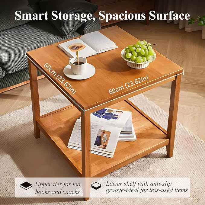 Cttasty Side Table, Solid Wood Square End Table with Storage Shelf, 2-Tier Coffee Table for Living Room, Rubber Wood Small Sofa Table, Nightstand 23.62 H x 23.62 W x 23.62 D Inches (Natural)