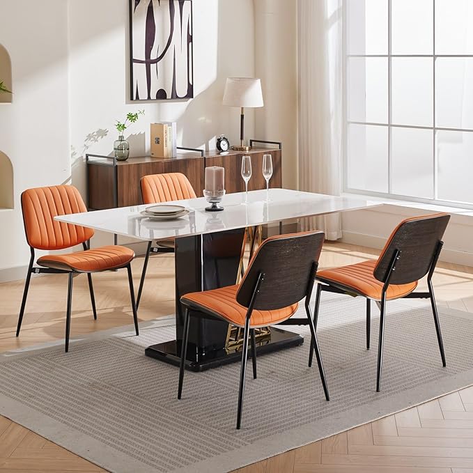 YaFiti Dining Chairs Set of 6, Mid Century Modern Accent Dining Room and Kitchen Chairs, Upholstered PU Leather Vertical Stripe Chairs for Vanity with Walnut Bentwood and Metal Legs, Orange