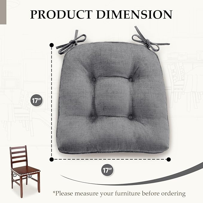 HARBOREST Chair Cushions for Dining Chairs Set of 6 - Chenille Tufted Kitchen Chair Cushions with Ties and Non-Slip Bottom, Foam Chair Pads for Dining Chairs, 17" x 17", Grey