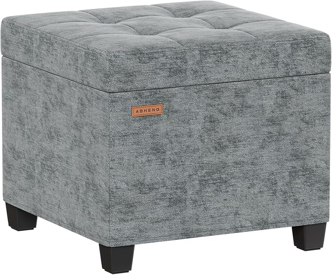 ABHENG 17.7 inches Chenille turfed Ottomans Cube with Storage, Metal-Framed Square Storage Ottoman Foot Rest Stool Holds 770 LB for Dorm Living Room Bedroom Gray UASN641G