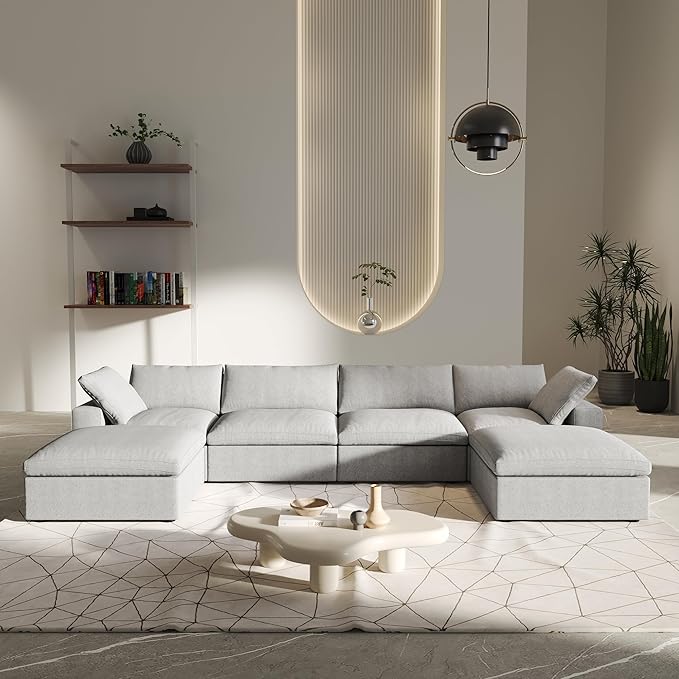 U-Shaped Cloud Sectional Couch, Oversize Modular Sofa, Modern Comfy Cloud Sofa with Storage Ottomans, Covers Removable, Convertible Sleeper Couch for Living Room Apartment (Light Grey, Linen Fabric)