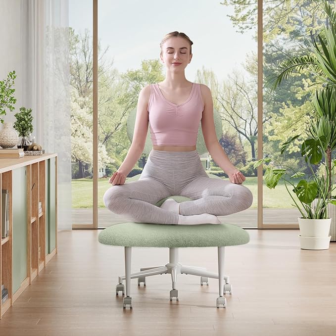 Pinmoco Ergonomic Cross Legged Office Chair with Wheels, ADHD Chair for Adults, Meditation Chair, Yoga Office Chair, Comfortable Back Support, Height Adjustable,Small Spaces, Teddy Fabric, Green