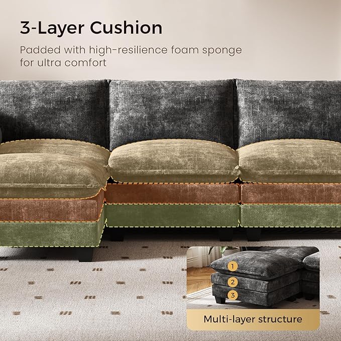 KKL 91.3" Large Modular Sectional Sofa Bed, 6 Seater Convertible J/L-Shaped Sleeper Cloud Couch with Ottoman, Chenille Sectional Couches for Living Room, Apartment, Grey
