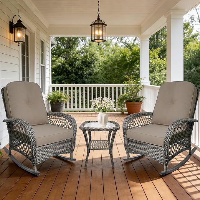 Sgentle Wicker Rocking Chair Set of 2, 3-Piece Outdoor Patio Rocker Chair with Cushions & Steel Frame, All-Weather Outdoor Rattan Rocking Chair for Lawn Porch Garden (Brown, Style 3)