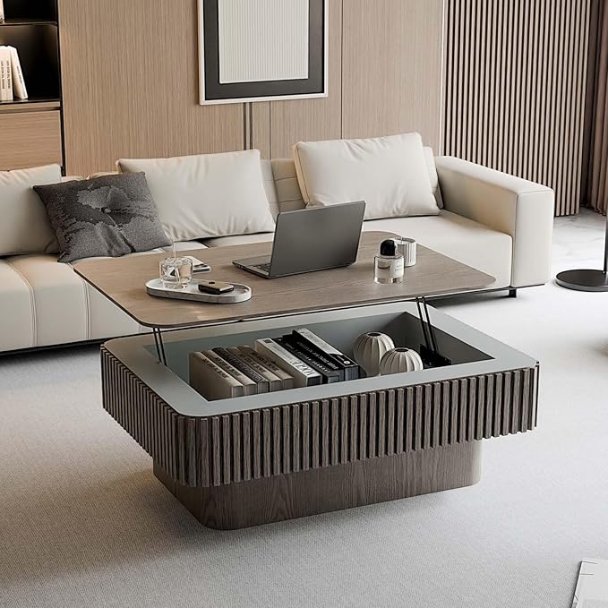 FGXJY Lift Coffee Table with Storage & Adjustable Height, Rectangle Solid Wood Coffee Table Fluted Center Table Accent Tea Table or Living Room, Apartment, Office (38.6" Grey)