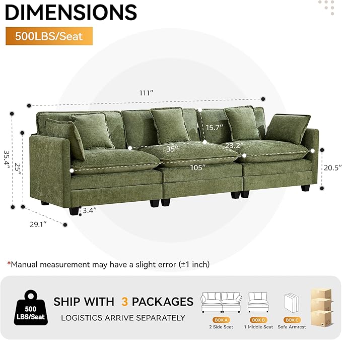 111'' Sectional Cloud Deep Seat Couch, Modern Comfy Chenille Modular Sectional Sofa for Living Room Set, Upholstered Modular 3-Seats Sofa Couch, Green