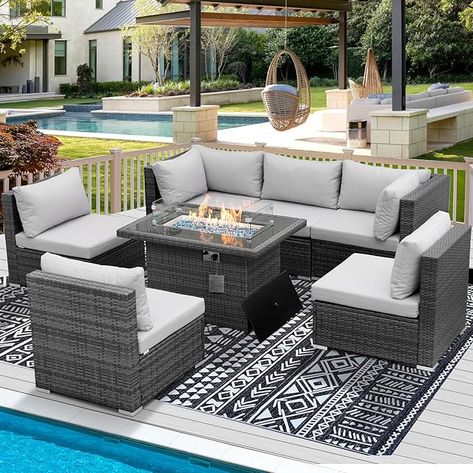 RADIATA 7 Piece Wicker Patio Furniture Set with Fire Pit, All-Weather Outdoor Sectional Couch High Back Large Size, Modular Backyard Seating Sofa Set with Propane/Natural Gas Firepit Table, Light Grey
