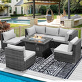 RADIATA 7 Piece Wicker Patio Furniture Set with Fire Pit, All-Weather Outdoor Sectional Couch High Back Large Size, Modular Backyard Seating Sofa Set with Propane/Natural Gas Firepit Table, Light Grey