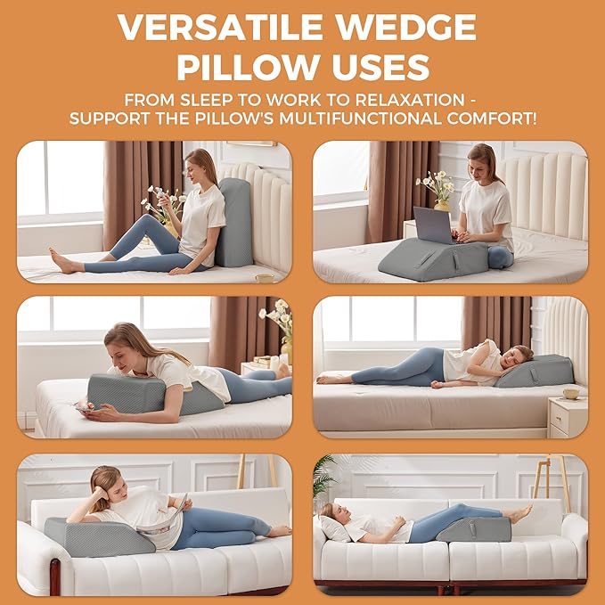 BIEEZZK Leg Pillow Elevation Blood Circulation, Leg Elevating Pillows for After Surgery, Sleeping, Memory Foam Wedge Pillow for Legs Swelling, Foot Knee Pillow for Back Pain, 23.6×16.8×8in, Grey