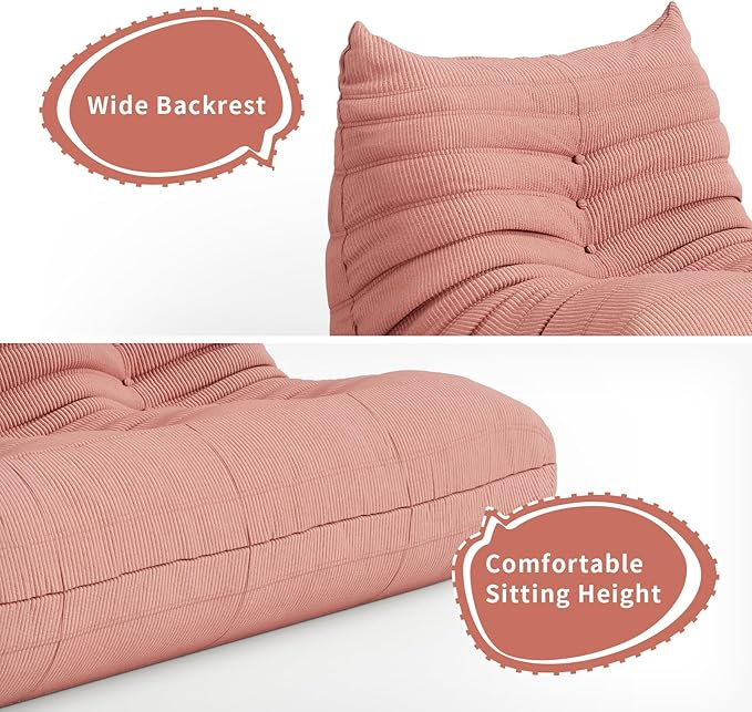 Bean Bag Chair Sofa Fireside 3 Seat Lounger Couch for Adults Corduroy Cozy Lazy Floor Sofa Memory Foam Chair for Home, Apartment and Gaming Venue,Pink